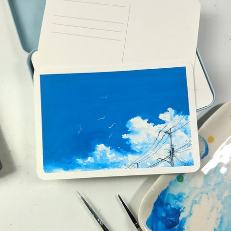 Guache Cloud Painting, Gouache Sky Tutorial, Cloud Painting Gouache, Guache Clouds, Sky Gouache Painting, Gouache Clouds, Gouache Sky, Painting Sky, Poster Color Painting