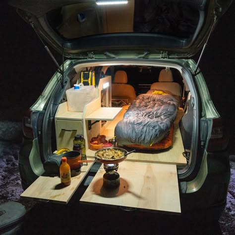 To see the design & more go to www.roadtoridge.com Jeep Patriot Camper, Suv Build Out, Subaru Outback Build Out, Outback Car Camping, Car Camping Build, Subaru Outback Camping Conversion, Suv Camping Ideas, Subaru Outback Camper, Subaru Car Camping