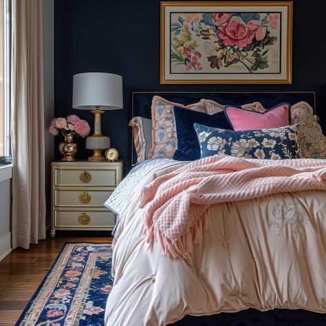 Pink And Blue Master Bedrooms Decor, Small Bedroom Maximalist, Magenta Bedroom Ideas, Navy Pink Bedroom, Dark Blue And Pink Bedroom, Girly Adult Bedroom, Pink And Navy Bedroom, Navy And Pink Bedroom, Pink And Blue Bedding