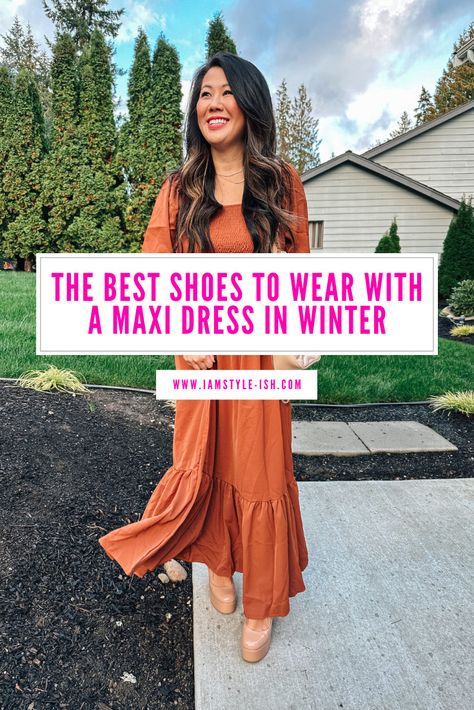 Winter Dress Shoe, Cold Weather Dress Shoes, Shoes For Flowy Dresses, Fall Boots For Dresses, Booties With Formal Dress, Long Maxi Dress With Boots, Shoes For Fall Dress, Flats With Long Dress, Long Dress Shoes Winter