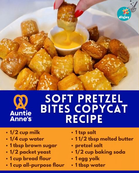 Auntie Anne's Soft Pretzel Bites Copycat Recipe Homemade Soft Pretzel Bites, Homemade Pretzels Recipe, Auntie Anne, Soft Pretzel Bites, Pretzel Bites Recipes, Auntie Annes, Soft Pretzel Recipe, Pretzel Recipe, Diy Joy