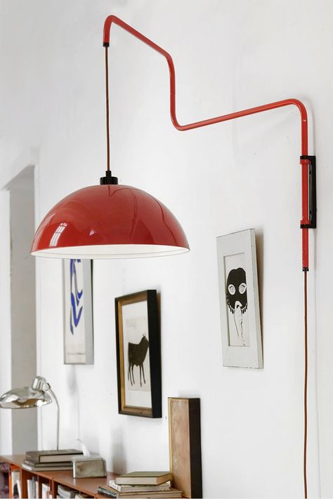 Key Details: Materials: Aluminum / Iron Colors: Red Lacquered finish Painted Metal Installation Type: Wall Mounted Switch Type: Knob switch on Plug Voltage: 90-260V Power Source: AC Product Dimension: Body: 74cm / 29 inch H x 40cm / 16 inch W x 134cm / 53 inch D Lampshade: 40cm / 16 inch W x 18 cm / 7 inch H Light Source: LED Bulbs Number of light sources: 1 E27 Base Type Light bulbs not included Diy Kitchen Lighting Ideas, Retro Wall Lights, Red Light Fixture, Funky Light Fixtures, Painted Lampshade, Metal Installation, Tapestry Hanger, Wall Mounted Lamp, Arm Lamp