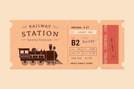 Free vector flat design train ticket tem... | Free Vector #Freepik #freevector #train-ticket #travel-template #tour #tourism Fancy Ticket Design, Train Ticket Illustration, Vintage Train Ticket Printable, Vintage Ticket Design, Bus Ticket Design, Islam Philosophy, Train Ticket Booth, Travel Ticket Design, Train Graphic Design