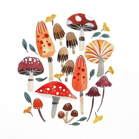 Seeing all the gorgeous autumn illustrations in my feed has inspired me to draw some mushrooms + fall leaves despite the fact that it’s spring here where I live x hope you like it! I sure had fun drawing x #autumn #october #fall Fungi Illustration, Fungi Art, Mode Prints, Posca Art, Forest Nursery, Autumn Illustration, Watercolor Projects, Canvas Easy, Art Et Illustration