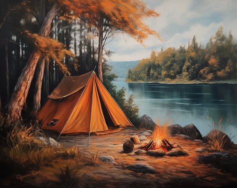 Camping Scene Painting, Campsite Painting, Camping Paintings, Tent Painting, Camping Painting, Forest Drawing, Birch Tree Art, Mountain Landscape Painting, Dream Pictures