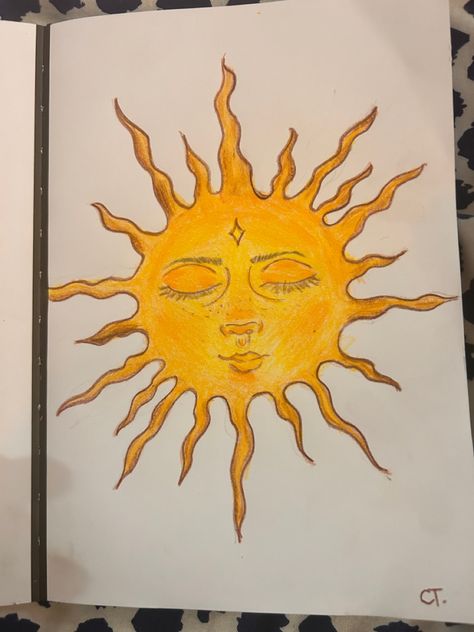 Sun Crayon Drawing, Corner Sun Drawing, Sunny Painting Ideas, Sun Paintings On Canvas, Drawing A Sun, Sun God Drawing, Trippy Sun Drawing, How To Draw A Sun, Sun With Face Drawing