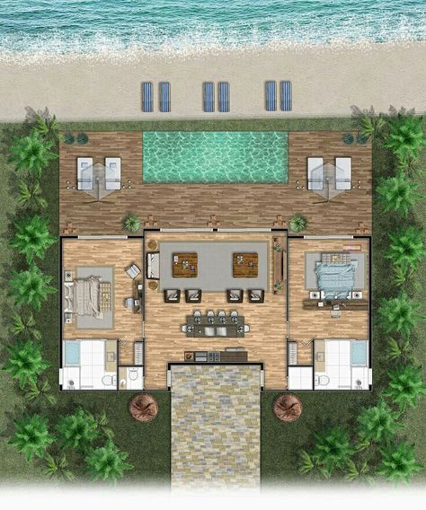 Bali House, Hotel Room Design, Villa Plan, Sims House Plans, Resort Design, House Layout Plans, Beach House Design, Village House Design, Courtyard House