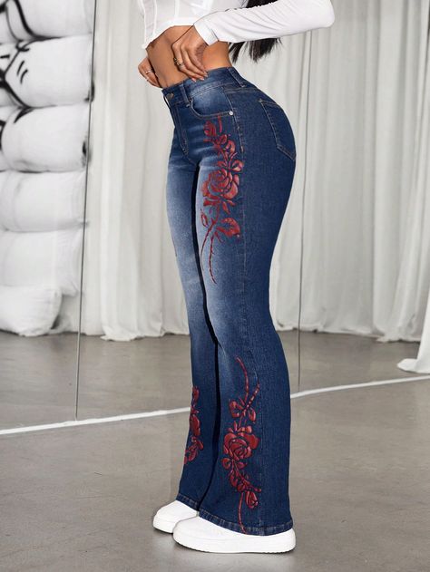 Women's Denim Bell-bottom Jeans With Floral Print Blue Casual   Denim Floral Flare Leg High Stretch  Women Clothing, size features are:Bust: ,Length: ,Sleeve Length: Cute Mexican Jeans, Jeans Pants Women High Waist, Types Of Pants For Women With Names, Cool Jeans Design, Bell Bottoms Jeans Outfit, Latina Outfits Casual, Mexican Jeans, Jeans From Amazon, Baddie Jeans