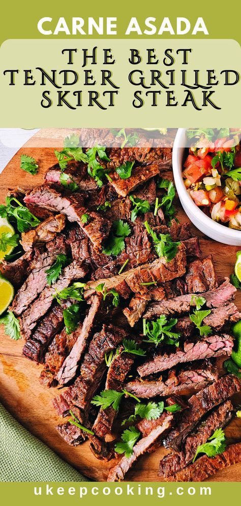 Fire up the grill for Carne Asada - The Best Tender Grilled Skirt Steak! Marinated to perfection and cooked on a gas grill, this juicy steak is perfect for tacos or adding to your favorite salad. Whether you're hosting a summer BBQ or just craving a flavorful meal, this recipe brings the authentic taste of carne asada right to your table. Don't miss out on this mouthwatering dish! What To Do With Skirt Steak, Marinade For Skirt Steak Grilling, Carne Asada Marinade Authentic Mexican, Grilled Carne Asada, Carne Asada Grilled, Steak Marinated, Skirt Steak Tacos, Marinated Skirt Steak, Carne Asada Recipes