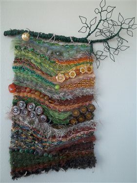 Check out this beautiful embellished fabric art collage titled "An August Walk in the Woods." For more art collage ideas visit Clothpaperscissors.com فن النسيج, Cloth Paper Scissors, Textile Fiber Art, Fibres Textiles, Weaving Textiles, Weaving Projects, Walk In The Woods, Weaving Art, Woven Wall Hanging