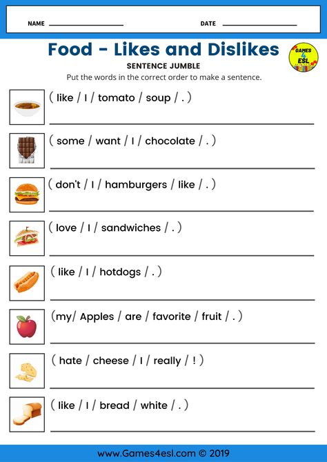 This ESL worksheet is to practice English vocabulary about food and about likes and dislikes.   This worksheet features 8 food pictures and 8 sentences. Students must unscramble the words to make the correct sentence. Like Likes Worksheet, Make Sentences Worksheet, Unscramble Sentences Worksheets, Likes And Dislikes Worksheets, Esl Worksheets For Beginners, Ingles Kids, Making Sentences, Materi Bahasa Inggris, Unscramble Words