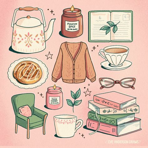 Eve Anderson draws | Cozy reading nook essentials 📙🕯️☕ I've been working on few reading doodles for ages now but the change in season really inspired finishing… | Instagram Autumn Illustration Aesthetic, Fall Aesthetic Illustration, Autumn Books Aesthetic, Autumn Illustration Fall, Reading Illustration, Cozy Illustration, Diaries Aesthetic, Autumn Illustration, Cozy Reading Nook