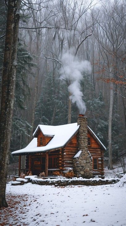 Log Cabin Snow, Cozy Cabin In The Woods Aesthetic, Wood Cabin In Forest, Cozy Snow Cabin, Cabin In Forest Aesthetic, Cabins In Winter, Building Log Cabin, Alaska Cabin Interior, Cabin In Winter Woods