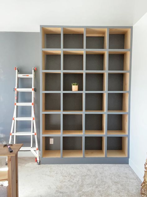 Floor To Ceiling Cubby Storage, Floor To Ceiling Cube Storage, Cube Shelf Built In, Built In Cubbies In Wall, Built In Cube Storage, Built In Kallax Shelves, Wall Cubby Decor Built Ins, Small Built In Bookshelves, Cube Storage Built In