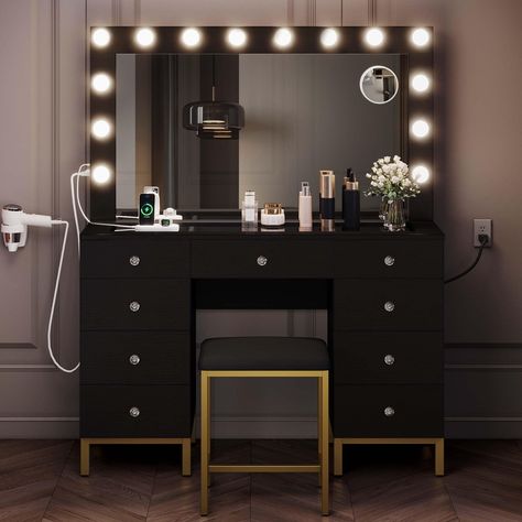 PRICES MAY VARY. P2 Mdf Black vanity table designed with oversized mirror: Mirror size is 25.6" W*46" H, the large mirror provides a wider field of view, making it convenient for makeup and hair styling. Large mirror usually also has higher aesthetic appeal, able to better beautify the entire room environment. The large size mirror surface and high-quality mirror material can provide a wider and more realistic view 3-color adjustable 14 Hollywood bulbs makeup mirror: This dimming function is ver Led Makeup Mirror Vanity, Vanity Ideas Bedroom Black, Black And Gold Vanity, Black Vanity Table, Black Vanity Desk, Vanity Luxury, Glass Top Vanity, Bulb Mirror, Vanity Desk With Lights