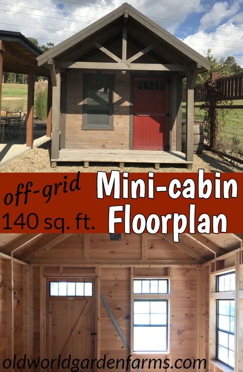 The Mini-cabin floor plan - How we will use the 140 square feet of space for off-grid living.  #offgrid #selfsufficient #solar #compostabletoilet #floorplan #cabin #guesthouse #oldworldgardenfarms 12x12 Cabin Floor Plans, Camp Plans Cabins, Basic Cabin Plans, Off The Grid Cabin Floor Plans, Sleeping Cabin Plans, Hunting Cabin Floor Plans, One Bed Cabin Floorplan, Free Cabin Plans, Small Off Grid Cabin Plans