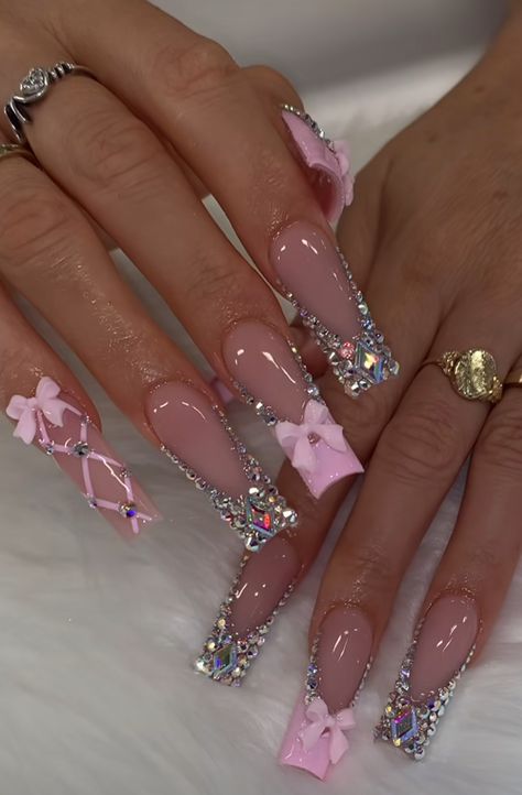 Nail Inspo Trendy Pink, Sag Birthday Nails, 22 Birthday Nails Acrylic, Birthday Classy Nails, Pink French Nails With Rhinestones, 21 Birthday Nail Ideas, Blinged Out Birthday Nails, Pink Nails Diamonds, Nail Pink Design