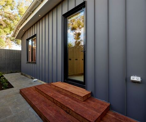 Colorbond Basalt, Shed Homes Ideas, Backyard Resort, Poolside Cabana, Hamptons Style Home, Exterior Wall Cladding, Steel Cladding, Alfresco Dining Area, Passive Solar Design