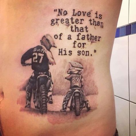 Father Son Dirt Bike Tattoo, Tattoo Ideas For Men Bike, Dirt Bike Tattoos For Men, Dirtbike Tattoos For Men, Motorcycle Inspired Tattoos, Dirt Bike Tattoo For Women, Tattoo Motorcycle Ideas, Tattoo Ideas Motorcycles, Rider Tattoo Motorcycles