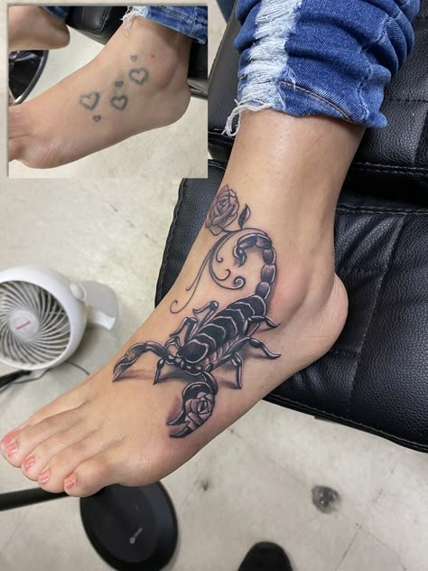 Coverup of small hearts with Scorpion. By: Jesus www.wyldesydestattoo.com #tattoo #coveruptattoo #wyldesydestattoo #foottattoo #sandiegotattooartist #blackandgraytattoo #sandiegotattooartist #scorpiontattoo Cover Up Tattoos For Women, Full Leg Tattoos, Scorpio Tattoo, Pretty Hand Tattoos, Foot Tattoos For Women, Instagram Cover, Scorpion Tattoo, Pretty Tattoos For Women, Leg Tattoos Women