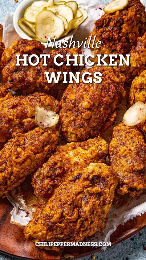 Nashville Hot Chicken Wings served on a tray Spicy Breaded Chicken Wings, Chicken Wing Recipes Spicy, Nashville Chicken Wings, Taco Chicken Wings, Fried Wings Recipe Crispy, Nashville Hot Chicken Wings Recipe, Nashville Hot Wings Recipe, Crispy Spicy Chicken Wings, Different Flavor Wings