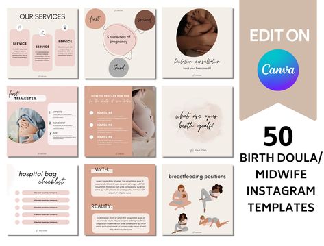 Doula Instagram Templates | Birth Doula Canva templates  | Midwife Instagram | Doula Instagram Post | Social Media 3rd Trimester, Birth Doula, Event Program, Program Template, Quality Content, Canva Templates, Instagram Template, Stationery Design, Stationery Paper