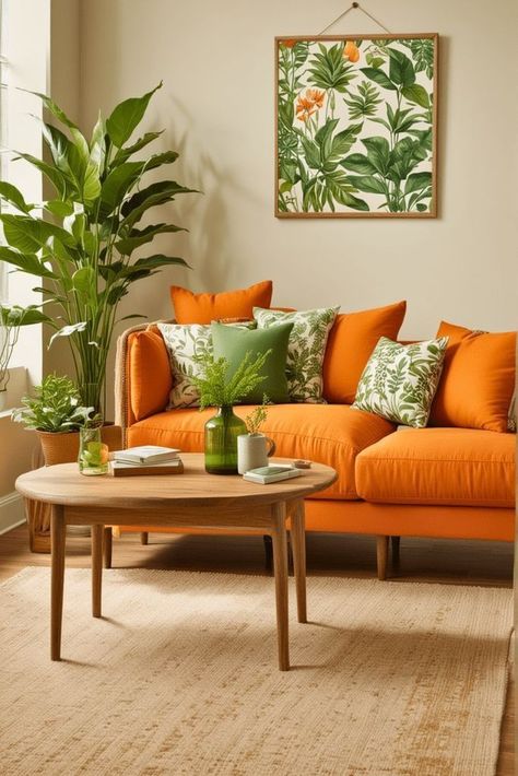 Orange Sofa Living Room Ideas, Orange Couch Living Room Ideas, Living Room Ideas Contemporary, Orange Couch Living Room, Room Ideas Contemporary, Bohemian Couch, Orange Couch, Interrior Design, Orange Sofa