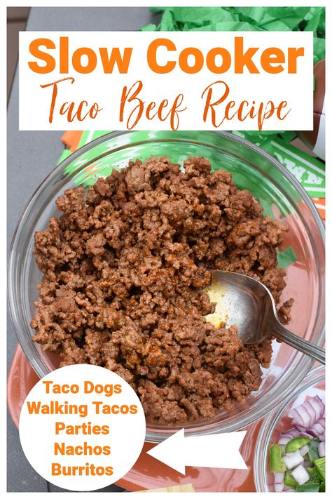 slow cooker taco meat in a glass bowl with a silver spoon inside. Nacho Meat Crockpot, Ground Beef Taco Recipes Crockpot, Slow Cooker Nachos Ground Beef, How Much Taco Meat For 25 People, Crock Pot Taco Meat Ground Beef, Taco Meat In Crockpot Ground Beef, Crockpot Nachos Beef, Crockpot Ground Beef Tacos, Crockpot Taco Meat For A Crowd