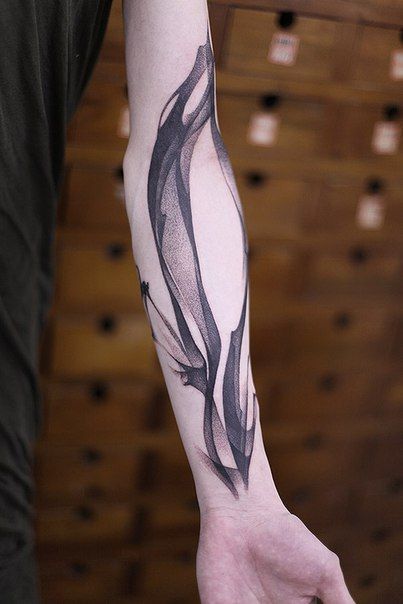 Black silk tattoo on the arm | www.otziapp.com Mariana, Smoky Tattoo, Brushstroke Tattoo, Tattoo Shapes, Tattoo Abstract, Forearm Tattoo Women, Technology Art, B Tattoo, Book Tattoo