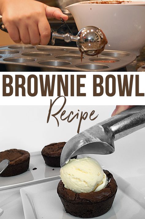 How to make brownie bowl recipe #brownies #browniebowls Brownie Bowls How To Make, Diy Brownie Bowls, Brownie Cups With Ice Cream, How To Serve Brownies, Brownie Cup Recipes, Brownie Bowls For Ice Cream, Brownie Ice Cream Cups, Waffle Cups, Brownie And Ice Cream