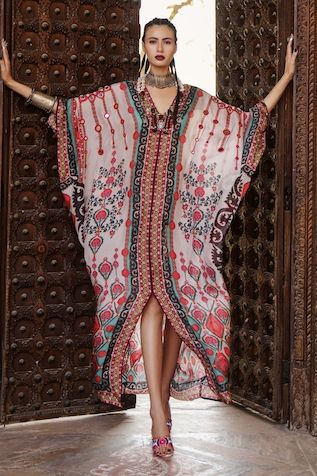 Buy Multi Color Silk Print Abstract V Neck Farida Kaftan For Women by Rajdeep Ranawat Online at Aza Fashions. Rajdeep Ranawat, Kaftan For Women, Silk Kaftan, Designs For Dresses, Designer Gowns, Kids Sleepwear, Designer Wear, African Dress, Festival Wear