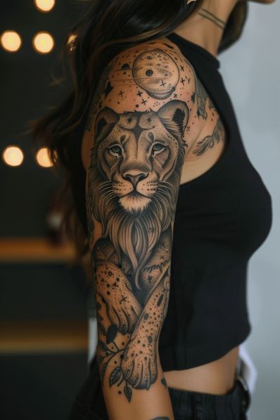 25+ Feminine Tattoo Sleeves That Are So Elegant Women’s Half Sleeve Tattoo Designs, Feminine Skull Tattoo Sleeve, Stag Tattoo Feminine, Healing Tattoos For Women, Thigh Wrap Around Tattoo, Elegant Tattoos For Women, Mandala Tattoo Sleeve Women, Tatoos Woman, Female Lion Tattoo