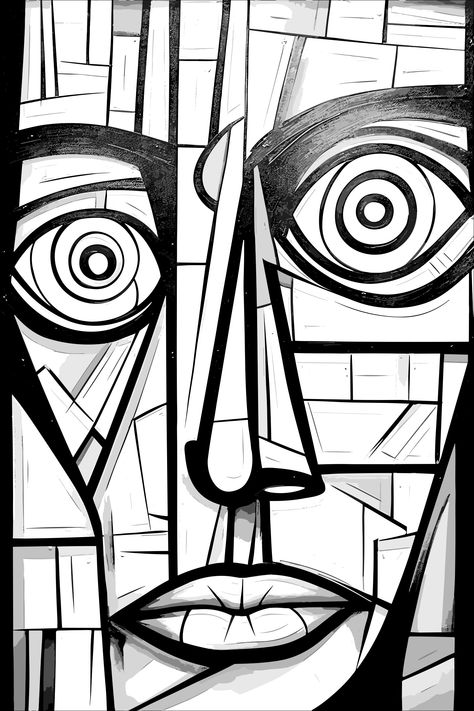 coloring page, black and white drawing of a person's face, portrait, monochrome, minimalist art, abstract art, subtle shading, AI assisted art Abstract Art Coloring Pages, Picasso Coloring Pages, Basic Sketches, Cubism Portrait, Picasso Faces, Face Coloring, Minimalist Art Abstract, Person Drawing, Cubism Art