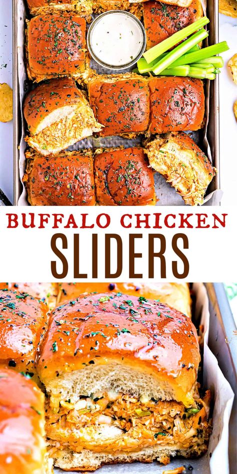 Tangy and hearty, these Buffalo Chicken Sliders are perfect for an easy weeknight dinner, or snack for game day! Packed with shredded chicken, buffalo dip flavor, and melted cheese, you'll love making these any day of the week. Buffalo Chicken Dip Meals, Buffalo Chicken Sliders Cream Cheese, Buffalo Ranch Recipes, Buffalo Chicken Dip Dinner Ideas, Buffalo Chicken Bombers Recipes, Buffalo Style Shaved Chicken Recipes, Buffalo Dinner Recipes, Buffalo Chicken Lunch Ideas, Meat Raffle Snacks