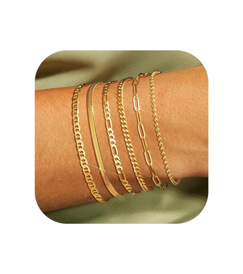 PRICES MAY VARY. 6 PCS GOLD BRACELETS SET - The danity gold bracelet set includes 6 different styles of gold bracelets including beaded, paperclips, Mariner, Cuban, Herringbone and Figaro link designs. This gold bracelet can be worn alone or paired with other delicate and stylish bracelets or watches for the perfect arm party. MULTIPLE SIZE CHOICE - Gold bracelet lengths are available in 6 inch, 6.8 inch and 7.2 inch, please choose the right size according to your wrist, and each bracelet comes Gold Bracelet Sets, Gold Bracelet Stacking, Beaded Paperclips, Gold Chain Bracelets, Stackable Beaded Bracelets, Gold Bracelets Stacked, Cuban Link Bracelet, Bracelet Pack, Vintage Watches Women