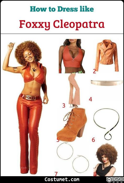 Foxxy Cleopatra costume is an brown leather bar topped with matching crop jacket, low waist leather pants, a gold belt, brown platform shoes, gold ear hoops, a gold necklace, and gold rings.           #AustinPowers #movies #female #AustinPowers #spy #sexy #couple #black #afro #Beyonce Beyonce Austin Powers Costume, Foxxy Cleopatra Outfits, Foxy Cleopatra Outfit, Foxy Cleopatra Halloween Costume, Foxy Brown Costume, Beyonce Austin Powers, Foxxy Cleopatra, Cleopatra Outfit, Brown Platform Shoes