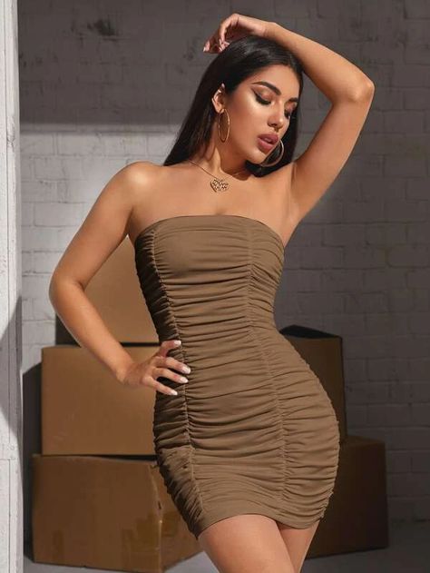 Ruched Bodycon Tube Dress | SHEIN USA Wrapped Skirt, Party Pattern, Tube Top Dress, Sleeveless Dresses, Bandeau Dress, Slim Fit Dresses, Cocktail Party Dress, Hip Dress, Little White Dresses