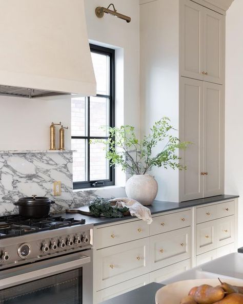 Black Countertop Marble Backsplash, Honed Black Granite Countertops Kitchen, Marble And Quartz Kitchen, Marble Shelf In Kitchen, Stone And Marble Kitchen, Concrete Countertops Marble Backsplash, Soapstone Perimeter Marble Island, Countertop Backsplash Kitchen, Windows By Stove