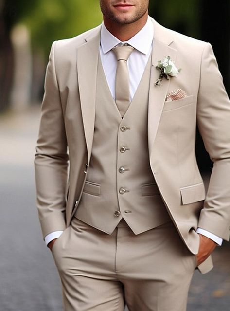 Groom In Beige Suit, Cream Groom Suit Wedding, Wedding Suits Groom And Groomsmen, Beige Wedding Suit Groom Attire, Light Brown Groom Suit, Nude Groomsmen Suits, Champagne Tuxedo Wedding, Nude Suit Men, Wedding Suits Men Beige