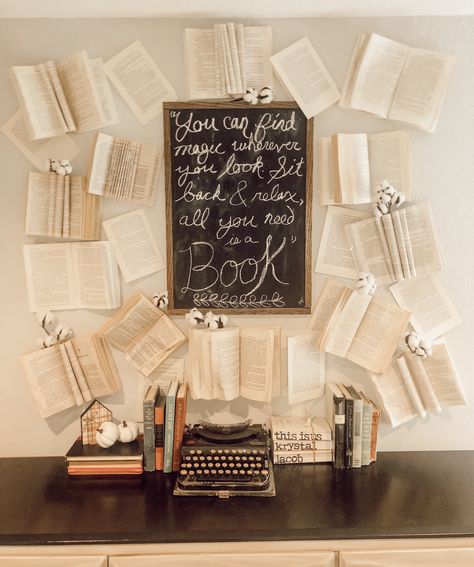 Diy book wall, easy book wall, budget book wall, dresser decor, diy chalkboard, book quote Book Quote Wall Decor, Book Accent Wall, Over Dresser Decor, Diy Book Wall, Book Paper Wall, School Library Book Displays, Wall Dresser, Book Backdrop, Typewriter Vintage