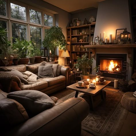 Salons Cottage, Living Room Warm, Cottage Living Rooms, Cosy Living Room, Dark Home Decor, Cozy Room Decor, Home Fireplace, Dream House Interior, Living Room Inspo