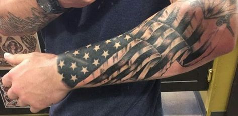 American Flag Wrist Tattoo, Flag Sleeve Tattoo For Men, Hunting Tattoos For Guys, American Flag Forearm Tattoo, American Flag Sleeve Tattoo, Flag Tattoos, Fire Fighter Tattoos, Hunting Tattoos, Cool Half Sleeve Tattoos