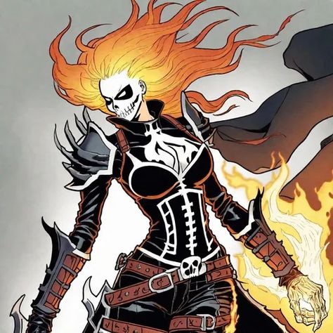 "Anime Female Ghost Rider: A Spectral Avenger in Nordic Armor" Introduction: The world of anime has a rich history of creating unique and captivating characters, each with their own distinctive traits and powers. Imagine a character that combines elements of supernatural fantasy, gothic aesthetics, and powerful Viking lore, resulting in a striking and formidable female anime Ghost Rider. This essay delves into the details of an extraordinary character concept: an anime Female Ghost Rider with Female Ghost Rider Art, Ghost Character Design Female, Evil Villain Character Design, Female Ghost Art, Ghost Rider Aesthetic, Ghost Rider Oc, Female Ghost Rider, Ghost Rider Fanart, Nordic Armor