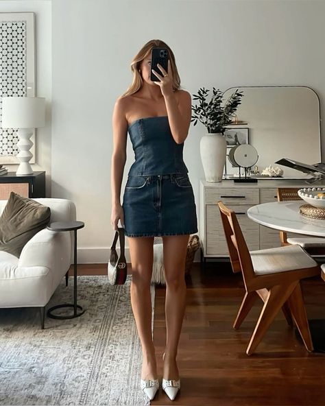 @charlottebridgeman Pointed Kitten Heels Outfit, White Kitten Heels Outfit, Denim Tube Top Outfit, Denim Bustier Outfit, Pointed Kitten Heels, Bustier Outfit, Flowy Tube Top, White Denim Outfit, Summer Heels Outfit