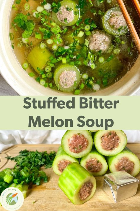 Stuffed Bitter Melon, Filipino Bitter Melon Recipe, Bitter Melon Recipes, Melon Soup, Chicken Corn Soup, Melon Recipes, Cucumber Soup, Vegan Ground Beef, Japanese Food Traditional