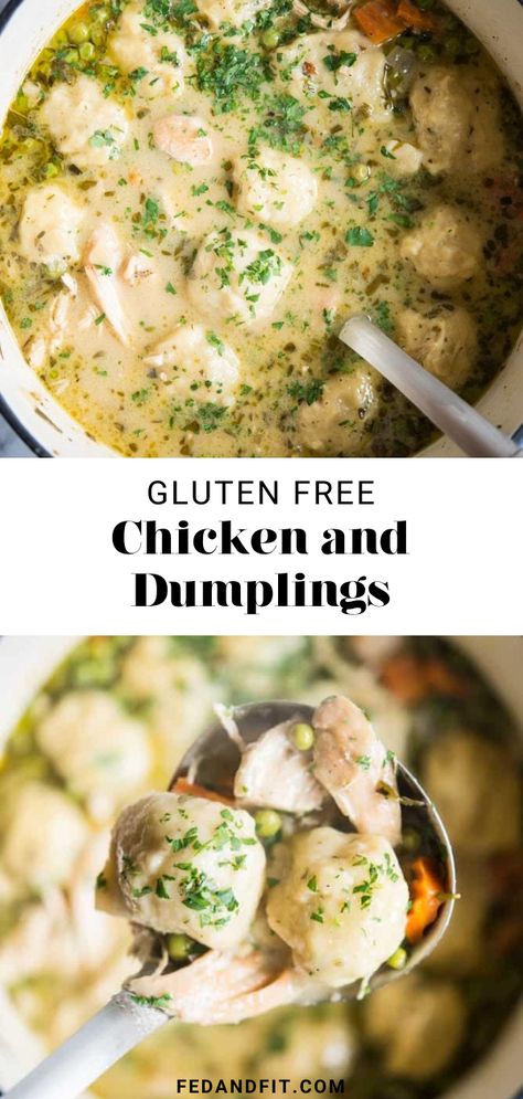 Comforting hearty chicken soup is topped off with perfectly fluffy gluten free dumplings for a meal that will keep the whole family cozy and satisfied! Gluten Free Dumpling, Chicken And Dumplings Gluten Free, Gluten Free Chicken And Dumplings, Healthy Gluten Free Meals, Gf Soups, Aip Protocol, Gluten Free Dumplings, Aip Foods, Hearty Chicken Soup