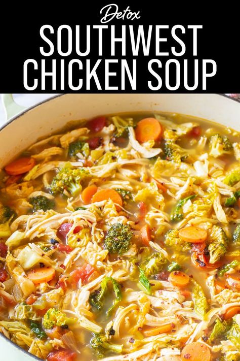 Try this Detox Southwest Chicken Soup to help kick-start your diet! The soup is low fat, low carb, paleo, gluten-free, and it works like a charm when using the soup as a cleanse! Detox Chicken Soup, Southwestern Chicken Soup, Low Fat Soups, Southwest Chicken Soup, Chicken Soup Crockpot, Healthy Chicken Soup, Low Carb Soup Recipes, Low Calorie Soup, Vegetable Soup With Chicken