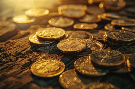 Golden Coins Illuminated by Soft Sunlight - Richness and Treasure. A beautiful depiction of prosperity with gleaming gold coins in sunlight, symboli Gold Coin Aesthetic, Treasure Photo, Chocolate Gold Coins, Golden Coins, Golden Coin, Gold Coin, Gold Coins, Economics, Investment