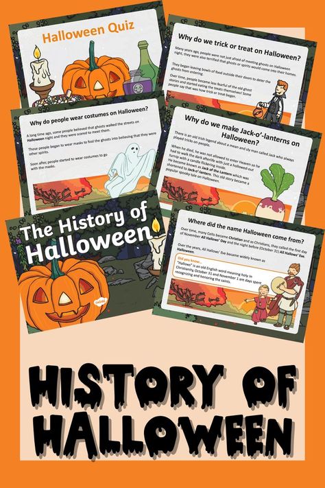 If you're looking for a fun and interactive way to present the history of Halloween for kids, then our fantastic History of Halloween PowerPoint is just what you're looking for! It covers the historical origins of the holiday in the old Celtic celebration of Samhain and its evolution into the modern holiday of Halloween, and where some of the most famous Halloween traditions come from, such as dressing up, carving pumpkins, and trick-or-treating, and more! Halloween History Activities, History Of Halloween Lesson, Halloween History Lesson, Halloween History For Kids, History Of Halloween For Kids, Halloween Traditions For Kids, Homeschool Halloween, Halloween Homeschool, The History Of Halloween