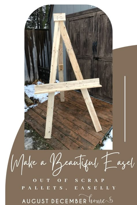 MAKE A BEAUTIFUL EASEL OUT OF SCRAP PALLETS Diy Floor Easel Stand, Easel Tv Stand Diy, Sign Stands Diy Display Ideas, Diy Wedding Easel, Easel Stand Diy, Diy Wood Easel Stand, Pallet Picture Display, Wedding Easel, Diy Whiteboard